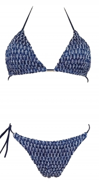 Bikini bleu tissu élastiques crêpé imprimé attache asymétrique