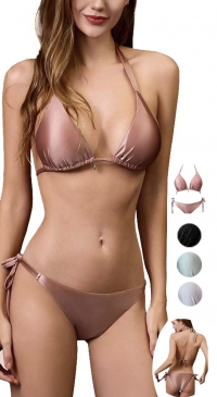 Bikini uni aspect brillant attache avec bijou